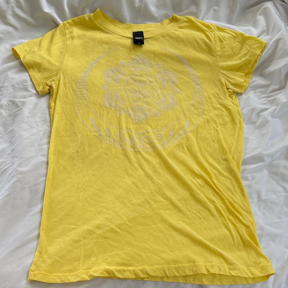 Obey Women's Bright Yellow Graphic Short Sleeve Tee